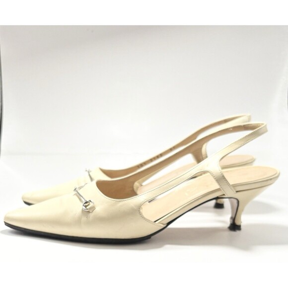 Gucci Slingback Kitten Heels White Leather w/ Silver Horse-bit Detail Sz 37 7 - Picture 1 of 12